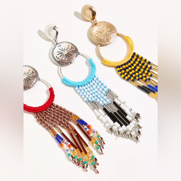 NWT Free People | Women’s gold/mustard/blue beaded Wait For Me earrings.  OS - Picture 5 of 12